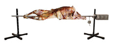 A large piece of meat on a SpitJack Rotisserie Counterweight - 1.3 inch ID stand.