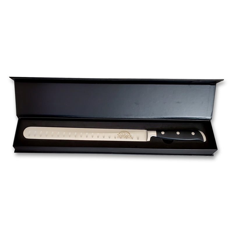 A SpitJack Deluxe Brisket Slicing Knife - 11 Inch Blade, Competition-Chef Series, perfect for chefs in need of a precision tool. This exquisite blade comes encased in a sleek box, ready to slice through succulent smoked beef brisket.