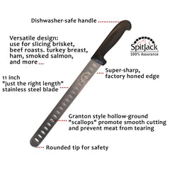 A diagram showing the features of a SpitJack Brisket, Ham, Turkey Carving and Carving Knife - 11 inch blade.