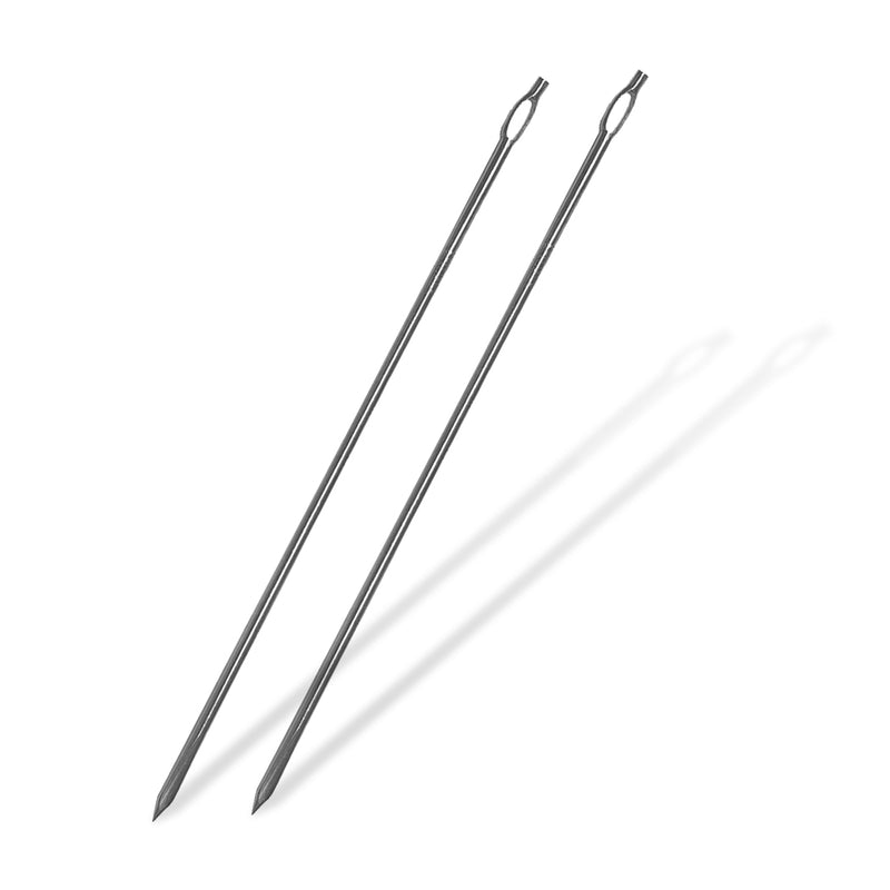 Two SpitJack 7" Stainless Steel Trussing Needles for Whole Hog, Pig, Lamb, Roast Beef & Turkey (Two Pack) on a white background.
