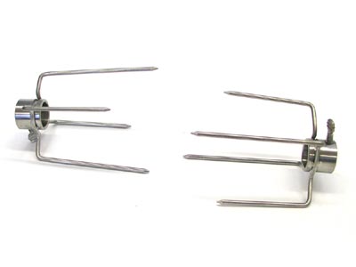 Two SpitJack stainless steel Rotisserie Forks for 1 Inch Spit - 4 Prong, PAIR on a white background.