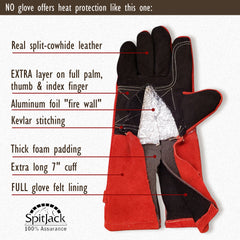 A picture of a pair of SpitJack Deluxe Fireplace - Barbecue Gloves FP that are labeled.