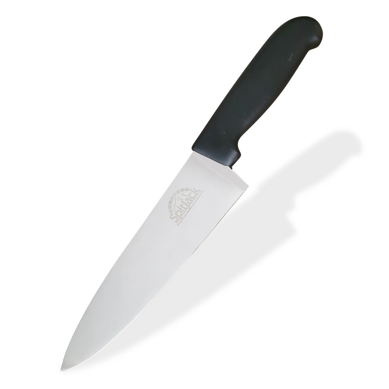 Description: A person holding a SpitJack 8 inch Chef Knife and Sharpening Hone Combo on top of a white background.