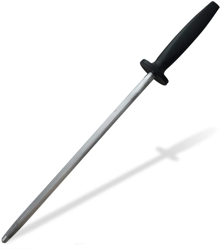 A SpitJack 8 inch Chef Knife and Sharpening Hone Combo. Professional Chopping and Cooking Kitchen Knife Set with a black handle on a white background.