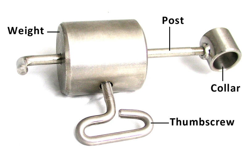 A SpitJack Rotisserie Counterweight - 1.3 inch ID stainless steel tube with a hook attached to it.