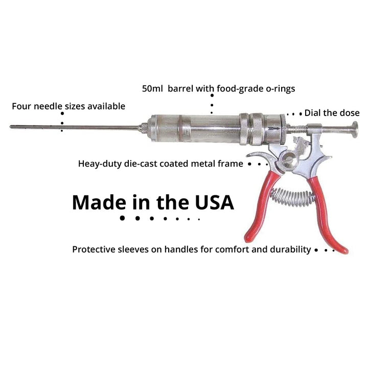 The SpitJack Magnum Meat Injector with Deluxe Case and Two Needles by SpitJack features a die-cast metal frame, 50ml barrel, dosing dial, protective sleeves, and labeled parts. Made in the USA—ideal for precision meat flavor injection.