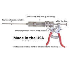 A diagram showing the parts of the SpitJack Magnum Meat Injector, a product made in the USA.