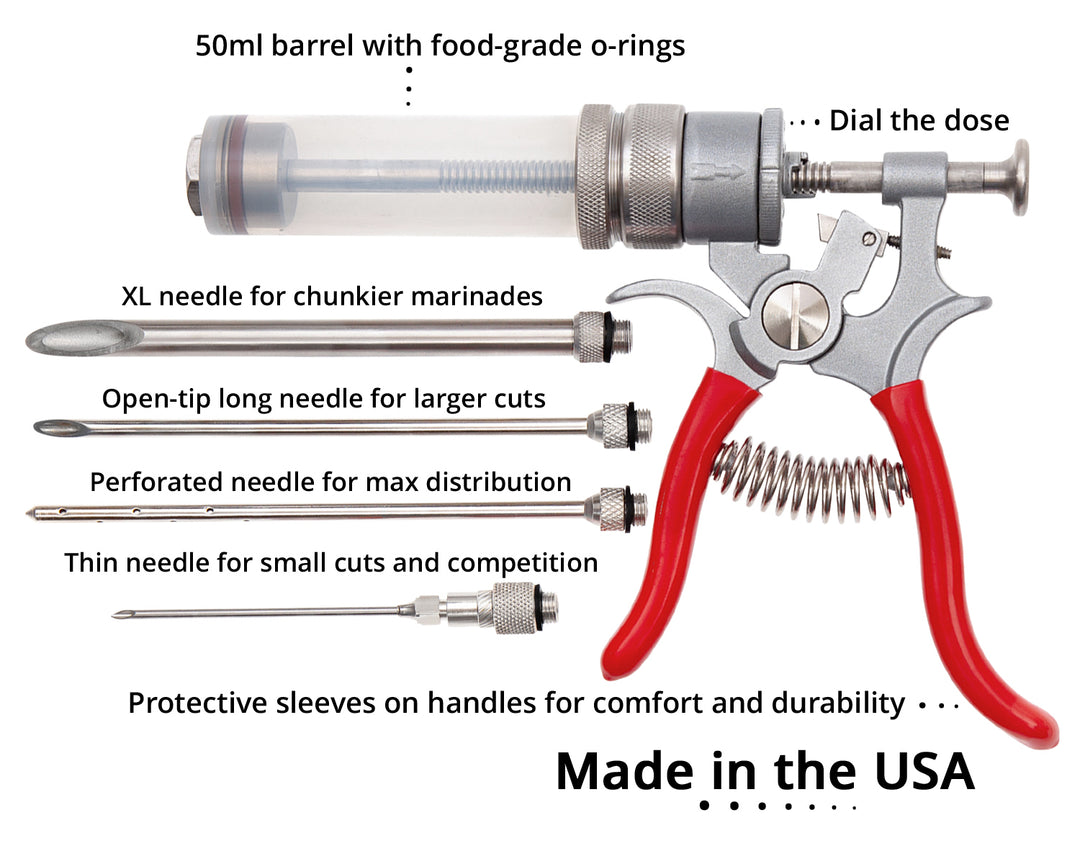 The SpitJack MAGNUM Meat Injector Kit includes a 50ml barrel, four versatile needles, spring-loaded handles with protective sleeves, labeled features, and a deluxe case—ideal for BBQ competitors and marinade enthusiasts. Made in the USA.