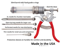 A picture of the SpitJack Magnum Meat Injector Gun - Complete Kit with Padded Soft Case, a tool that is made in the USA.