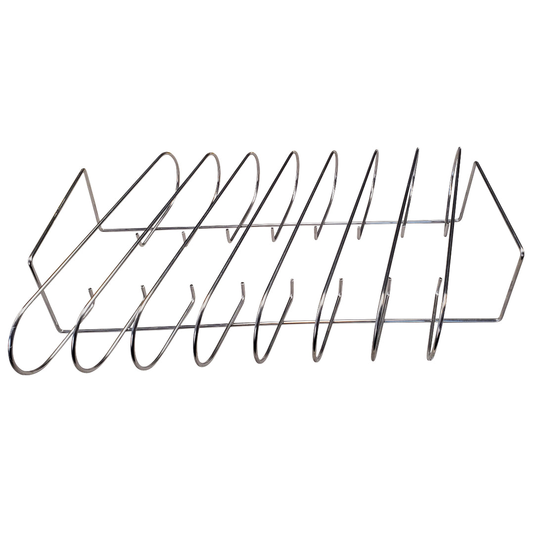 The SpitJack Rib Rack is a metal rack featuring multiple curved slots, designed to hold items for easy organization or display.