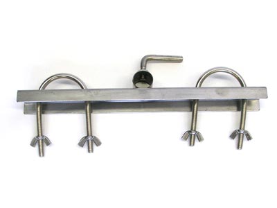 A SpitJack metal rack with Rotisserie Spit Leg Shackles for 1 inch Spits on it.