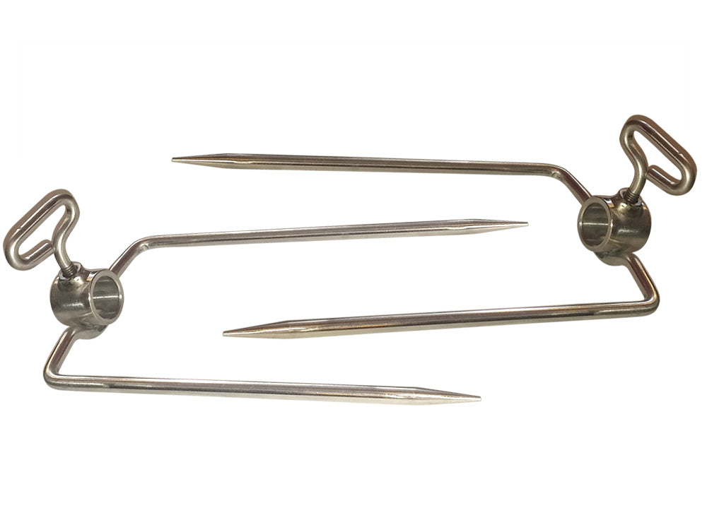 Two SpitJack XB125C Whole Hog and Pig Spit Roast Rotisserie System stainless steel hooks on a white background.