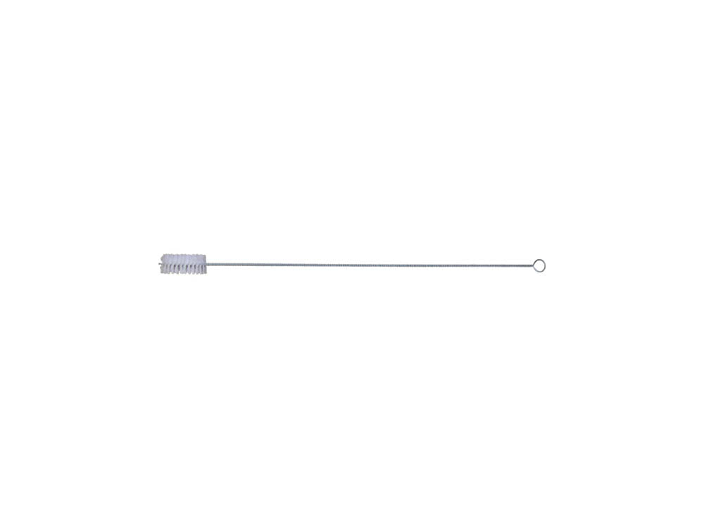A slender heavy-duty metal rod with a small brush at one end, resembling a medical instrument or a cleaning brush for narrow spaces, such as the SpitJack Spit Cleaning Brush.