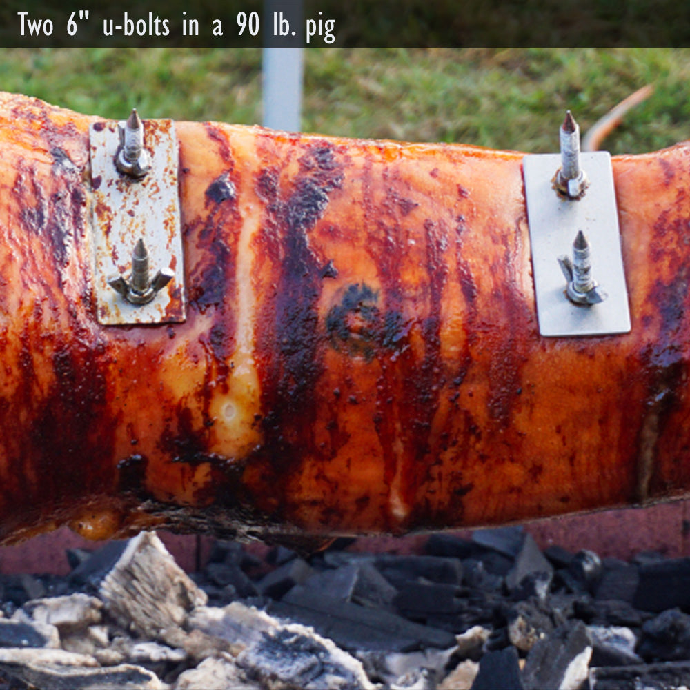 A large piece of meat is being cooked on a SpitJack Stainless Rotisserie Trussing U-Bolt - 6" - 2 Pack.